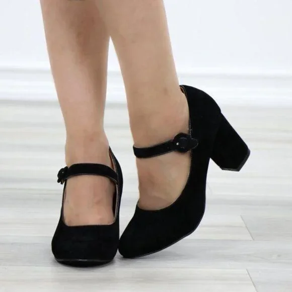Black Mary Jane Shoes Faux Suede Buckle Strap Chunky Block Heel - Picture 10 of 13